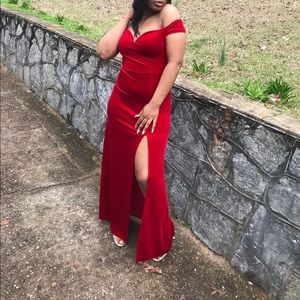 Off the shoulder red velvet dress